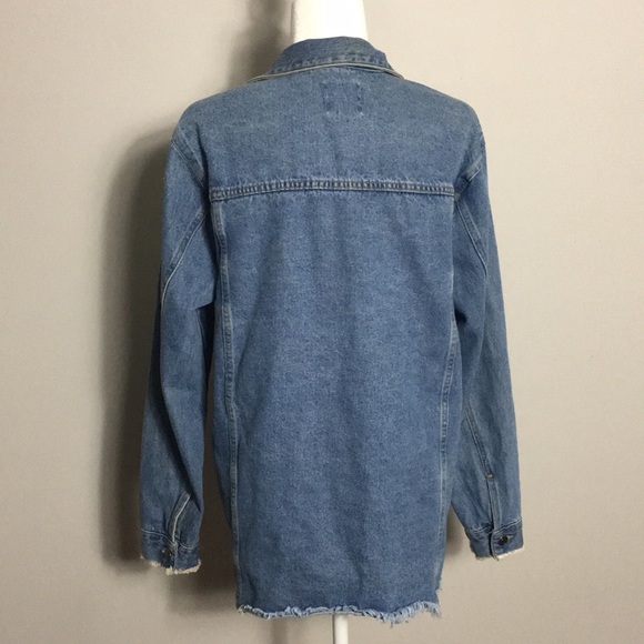 Love Tree Distressed Ripped Frayed Blue Denim Button Down Shirt Jacket - Picture 4 of 7